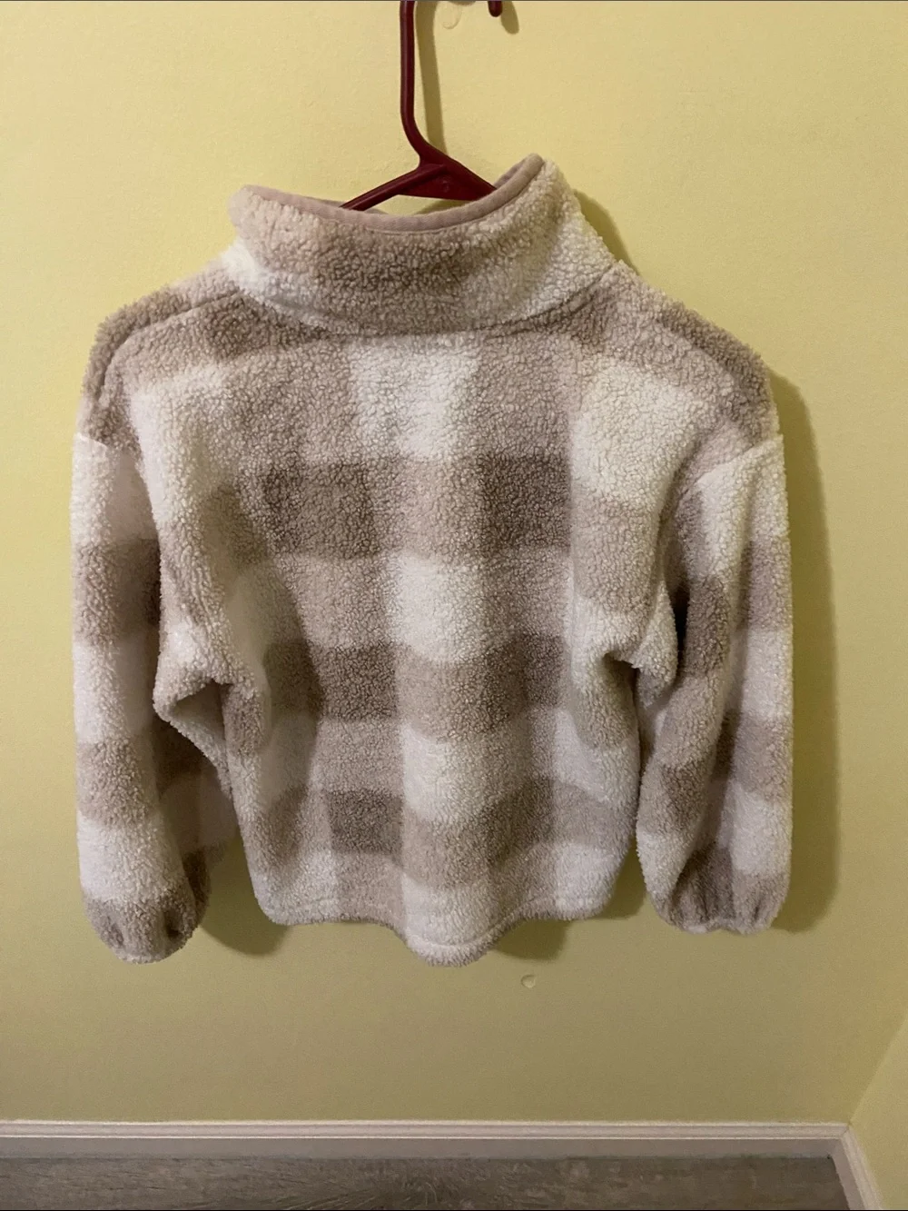 LOFT Taupe and Cream Plaid Sherpa Snap Pullover - Picture 3 of 4